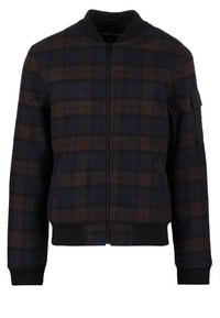 Miestenska bombera bunda s námorníckou modrou a hnedou kockovanou vzorom, čierne ryhované manžety, golier, spodný lem, predný zips a zipsom uzatvárateľná vrecko na rukáve.