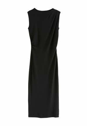 Schwarzes, ärmelloses Kleid mit einem drapierten Design und weicher Textur, das über einen runden Ausschnitt und eine taillierte Silhouette verfügt.