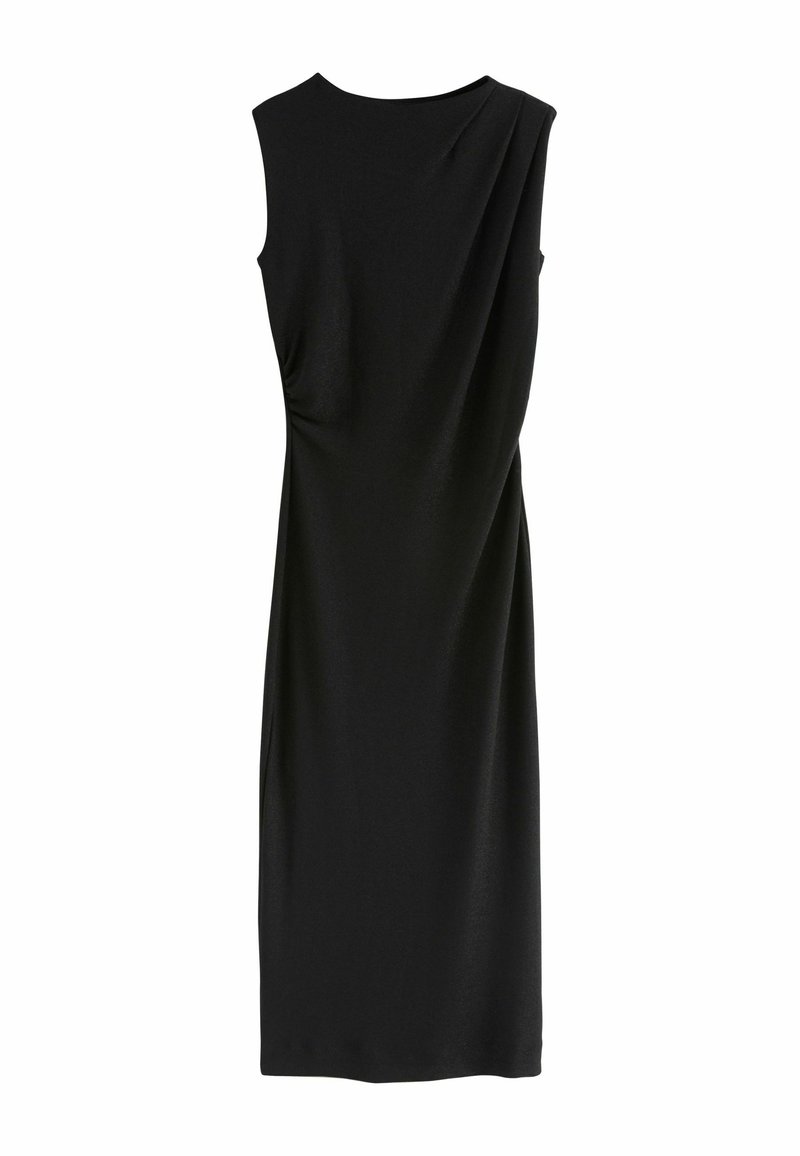 Schwarzes, ärmelloses Kleid mit einem drapierten Design und weicher Textur, das über einen runden Ausschnitt und eine taillierte Silhouette verfügt.