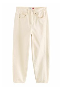 Beige barrel jeans met een relaxed fit, voorzien van een rits, vier zakken en subtiele stikdetails. Gemaakt van stevig katoen.