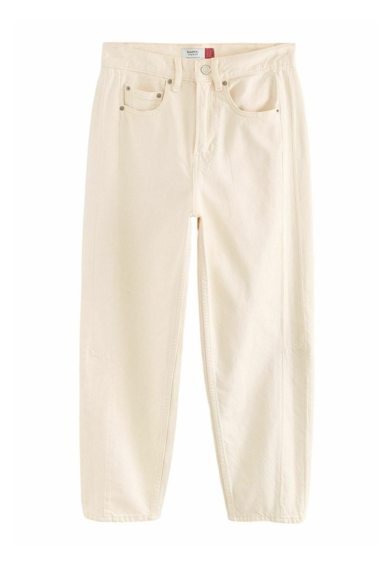 Beige barrel jeans met een relaxed fit, voorzien van een rits, vier zakken en subtiele stikdetails. Gemaakt van stevig katoen.