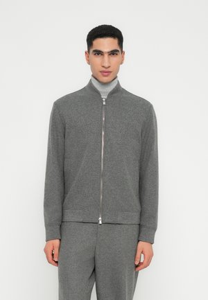 Man in een grijze zip-up jas over een lichtgrijze coltrui met bijpassende grijze broek, staand tegen een witte achtergrond.