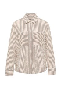 Striped button-up shirt in cream and light brown, featuring a collar, chest pockets, and textured fabric.