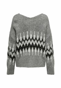 Sivkasta pleteno pulover s V-izrezom, ki vsebuje zigzag vzorec v črni in beli barvi. Ohlapen kroj z dolgimi rokavi in teksturirano končno obdelavo.