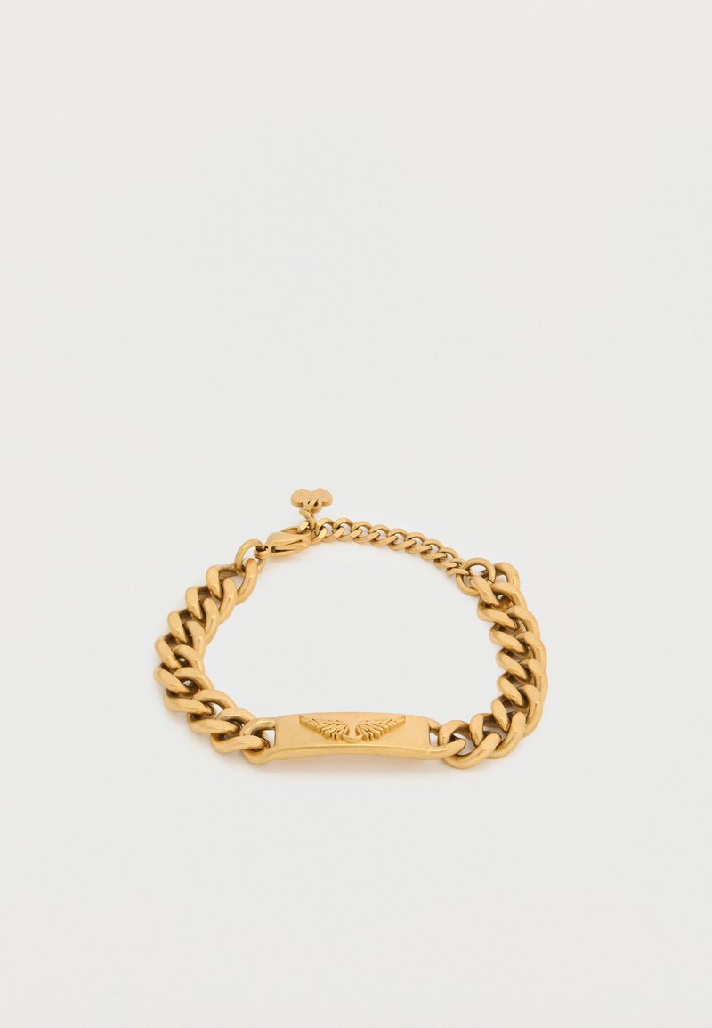 Βραχιόλι αλυσίδας σε χρυσό χρώμα με κεντρικό ορθογώνιο κρίκο διακοσμημένο με εγχάρακτο σχέδιο φτερού, με λεία υφή και κούμπωμα με κλειδαριά αστακού.