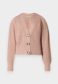 Růžový pletený svetr na knoflíky s výstřihem do V, zkráceným střihem a třemi velkými knoflíky vpředu. Texturovaná látka s žebrovanými manžetami a lemem.