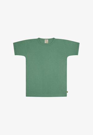 T-shirt verde in cotone a maniche corte con scollatura rotonda. Presenta una linea dritta e un'etichetta piccola sull'orlo. Tessuto liscio.