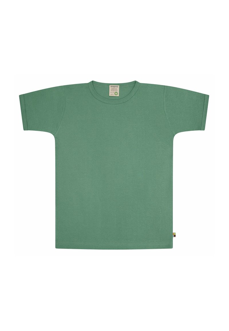 Groene katoenen T-shirt met korte mouwen en een ronde halslijn. Heeft een rechte snit en een klein label op de zoom. Glad textuur.