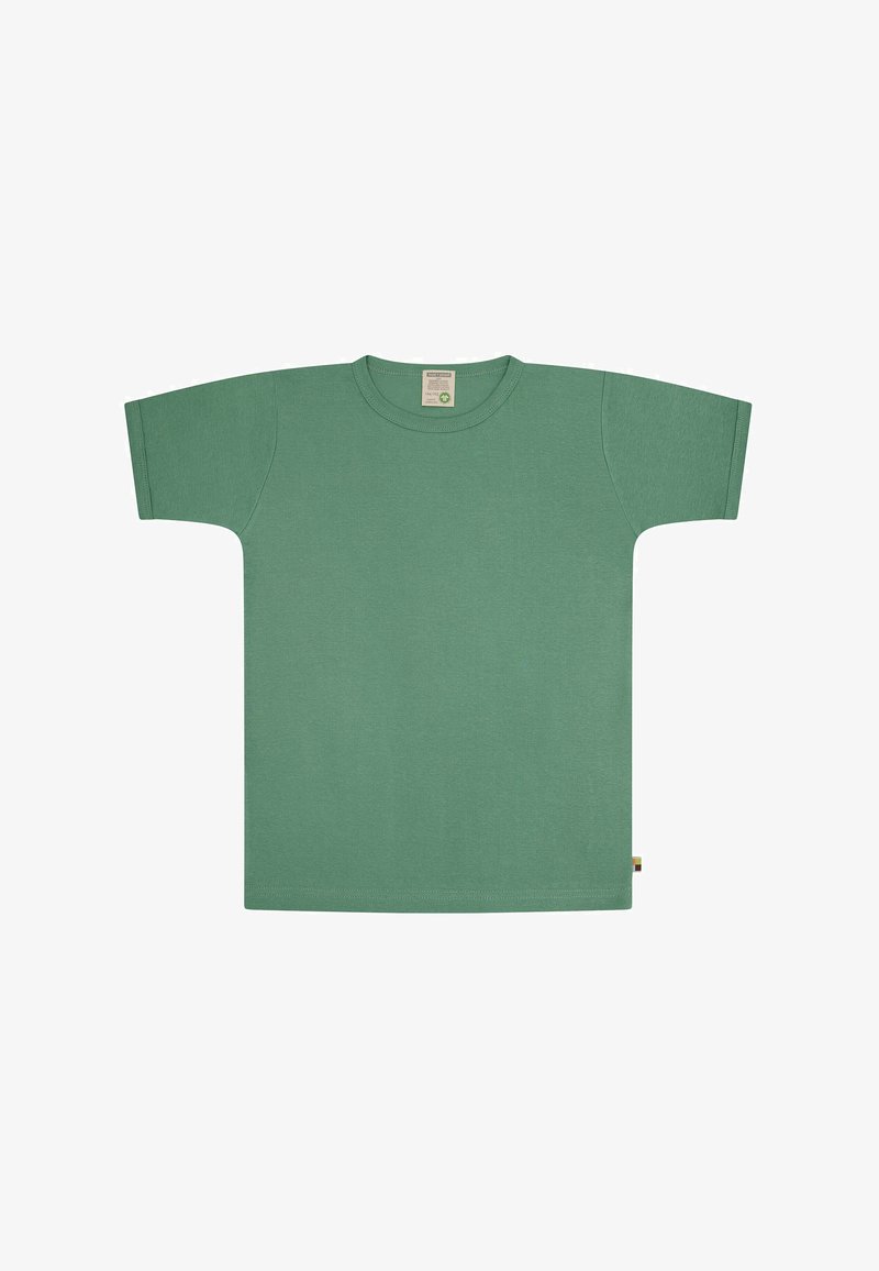 Green cotton short-sleeve T-shirt with a round neckline. Features a straight cut and a small label on the hem. Smooth texture.