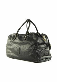 Borsa da viaggio in pelle nera con manici doppi, dettagli in tonalità oro, chiusura con zip e finitura testurizzata. Dotata di una base rinforzata per una maggiore stabilità.