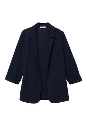 Granatowa marynarka z podwiniętymi mankietami, kołnierzem z wycięciem i otwartym przodem, zaprojektowana dla luźnego kroju.