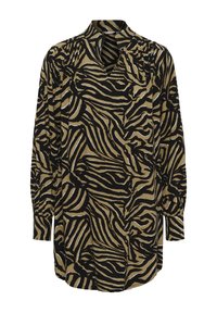 Langärmliges Hemd aus braun-schwarz gestreiftem Zebra-Musterstoff, mit Kragen und lockerem Schnitt, mit gerafften Details an den Ärmeln.