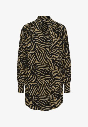 Garām piedurknēm krekls brūnā un melnā zebras raksta audumā, ar apkakli un vaļēju piegriezumu, piedurknēs savākti detaļas.