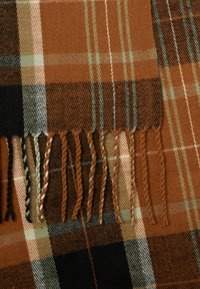 Tessuto a quadri marrone e nero con accenti bianchi e verdi. Texture morbida con bordi frangiati. Motivi variati in quadrati e strisce.