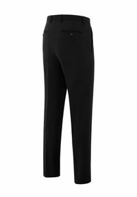 Zwarte op maat gemaakte broek met een gladde textuur, voorzien van een knoopzak aan de achterkant en een normale pasvorm, eindigend op de enkel.