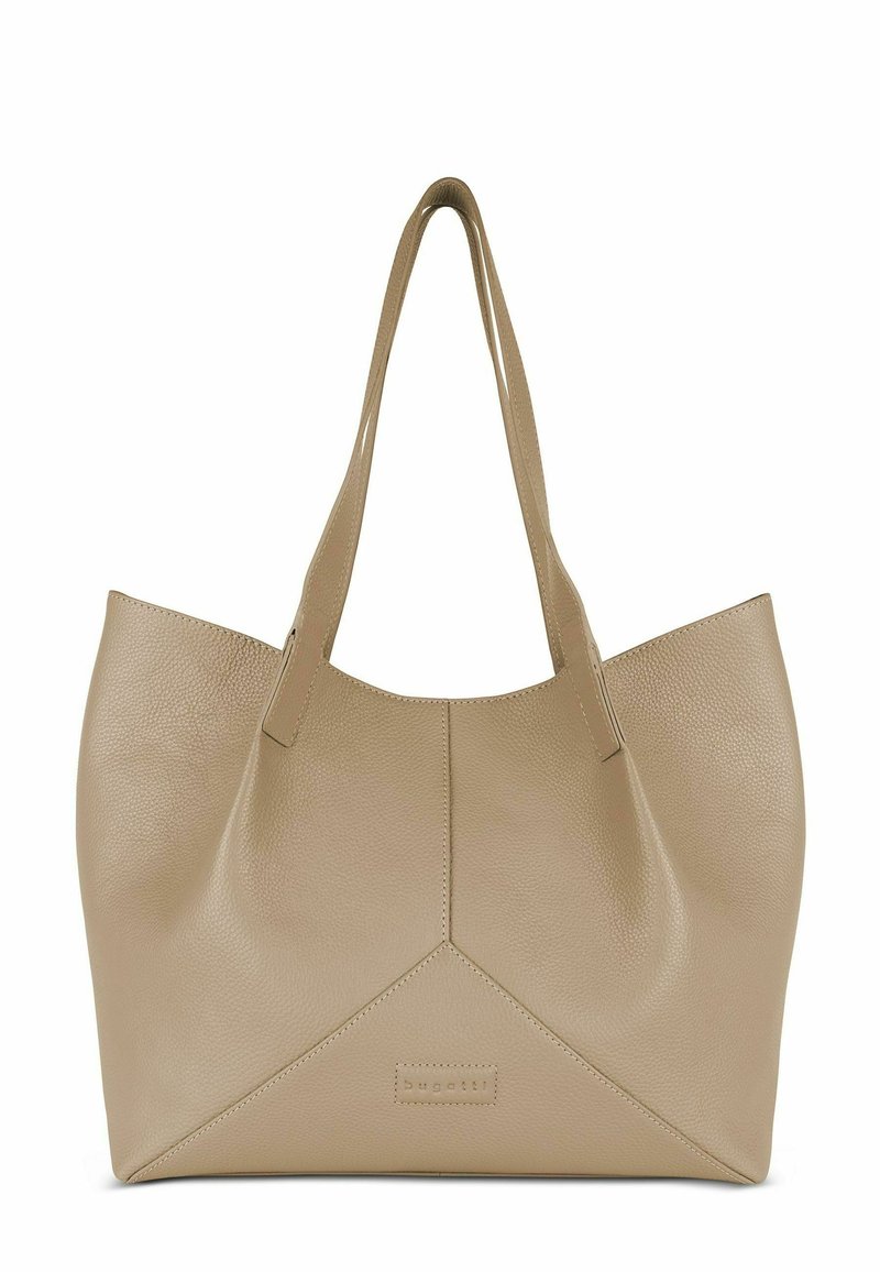 Beige leren tote bag met een gestructureerde afwerking, voorzien van twee schouderbanden en een driehoekig naadontwerp aan de onderkant. Minimale branding zichtbaar.