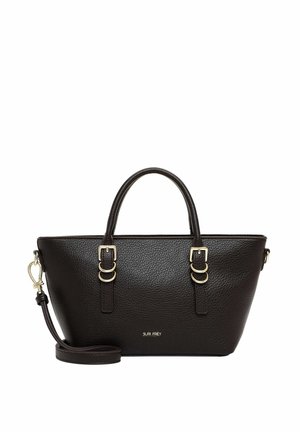Bolso de mano de cuero negro texturizado con dos asas superiores, hebillas metálicas en tono dorado y una correa de hombro desmontable.