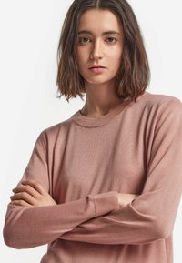 Ljusrosa långärmad tröja med rundad halsringning, ribbade muddar och en mjuk textur, med en avslappnad passform och minimal design.