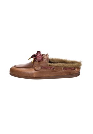 Brown leather slip-on loafer with fur lining and a red patterned bow lace on the top, side view on a white background.