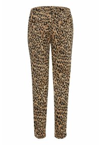 Pantalon à imprimé léopard avec un tissu doux, une coupe fuselée, deux poches arrière, et un fond beige avec des taches noires.