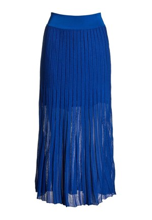 Jupe midi plissée bleue avec une large ceinture et un tissu semi-transparent près de l’ourlet, présentée sur fond blanc.