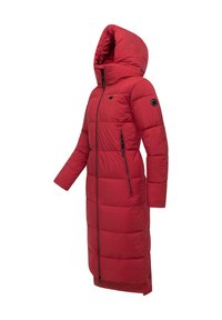 Red padded long coat with a hood, featuring zip closure, side pockets, and a quilted design. Black hardware accents throughout.
