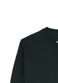 Zwarte lange mouw shirt met een ronde halslijn, gemaakt van een gladde stof. Heeft verlaagde schouders en een schoon, minimalistisch ontwerp.