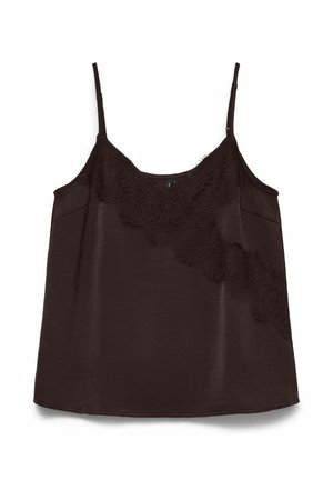 Tamsiai ruda camisole su plonomis petnešėlėmis, kairėje pusėje su nėrinių paneliu ir lygiu, blizgiu paviršiumi visame gaminyje.