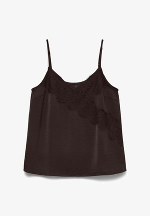 Mörkbrun camisol med tunna remmar, med en spetspanel på vänster sida och en slät, glänsande yta över hela plagget.