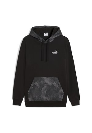 Czarna bluza z kapturem Puma z podszewką kaptura w wzór moro i kieszenią z przodu, długimi rękawami oraz białym logo Puma na piersi.