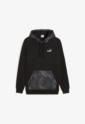 Sweat à capuche noir Puma avec doublure de capuche à motif camouflage et poche avant, manches longues et logo Puma blanc sur la poitrine.