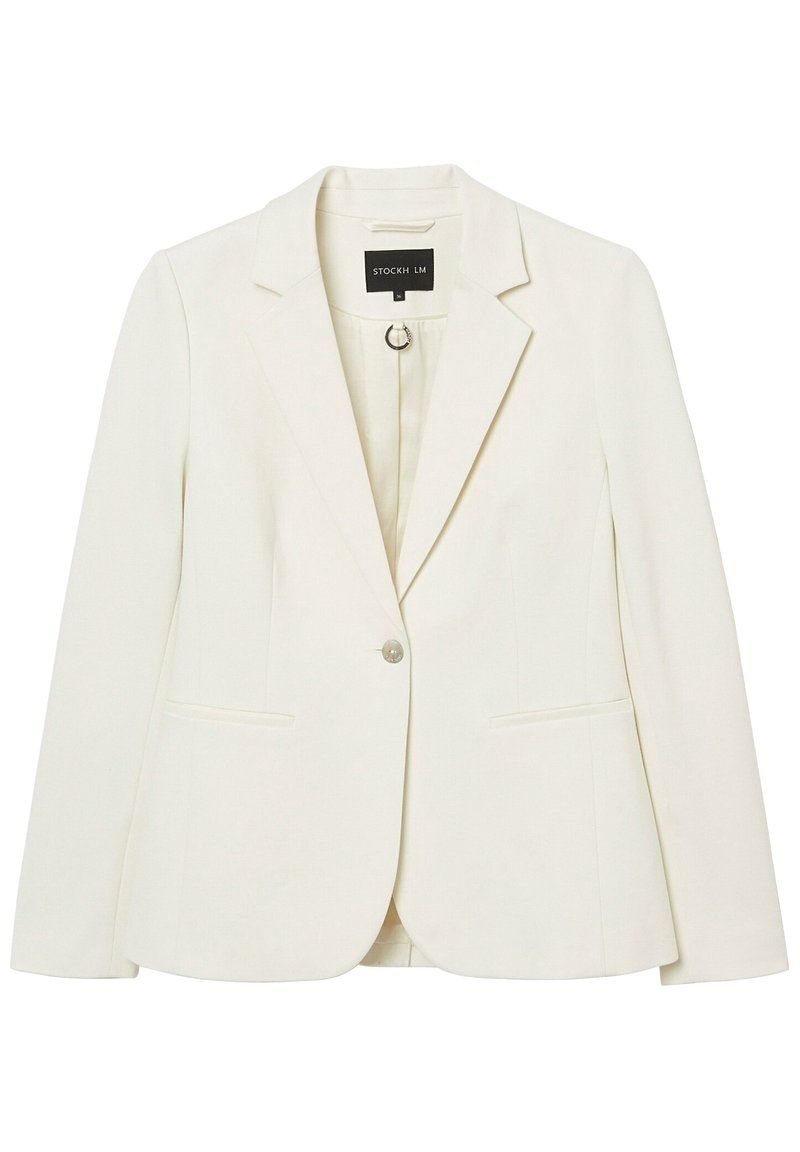 En enfärgad off-white blazer med en knapp, slagkrage, långa ärmar, två framfickor med slitsar och ett tygfoder inuti.
