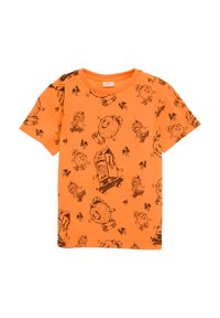 Kurzes, oranges T-Shirt mit schwarzen Cartoon-Mustern von Kokosnüssen und Milchpackungen, das durchgehend Palmen und verspielte Charaktere zeigt.