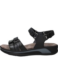 Zwarte leren dames sandaal met twee verstelbare banden, textuuraccenten en een gevoerd voetbed met een flexibele rubberen zool.