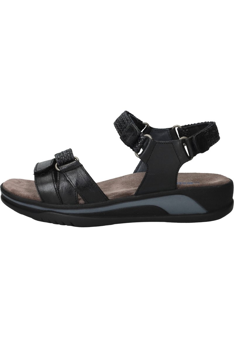 Zwarte leren dames sandaal met twee verstelbare banden, textuuraccenten en een gevoerd voetbed met een flexibele rubberen zool.