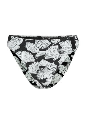 Fekete bikini alsó, fehér legyezőlevél mintával, rugalmas anyagból készült, közepes fedést biztosít, és kényelmes gumis derékpánttal rendelkezik.