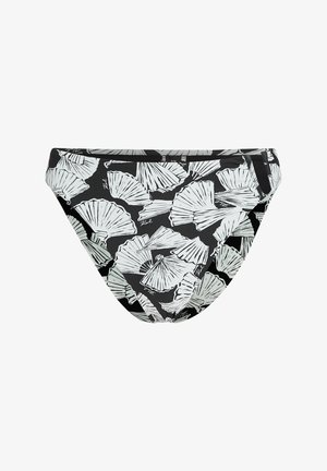 Fekete bikini alsó, fehér legyezőlevél mintával, rugalmas anyagból készült, közepes fedést biztosít, és kényelmes gumis derékpánttal rendelkezik.