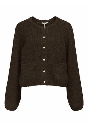 Dark brown knitted cardigan with a rounded neck, featuring six gold buttons, two front pockets, and long sleeves. Soft texture.