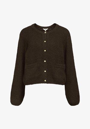 Cardigan tricotat de culoare maro închis, cu gât rotund, având șase nasturi aurii, două buzunare frontale și mâneci lungi. Textură moale.