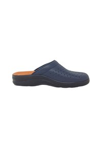Zoccolo blu navy con design perforato e bordi curvi, dotato di una soletta color beige e suola nera texturizzata per grip e comfort.