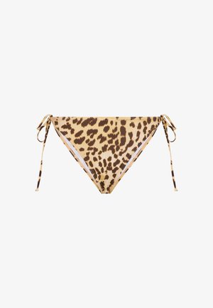 Leopardmønstret bikinibunn har gul base med brune flekker, justerbare knytinger i sidene og en klassisk trekantform.