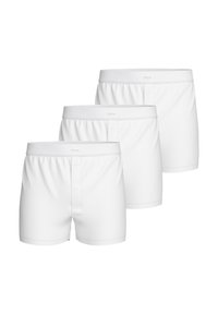 Dreiweißer Boxer-Shorts aus glattem Stoff, mit Knopfverschluss, elastischem Bund und einem schlichten, klaren Design.