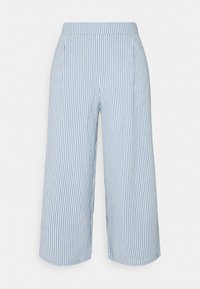 Blauwe en witte gestreepte wijde broek met een gladde textuur, voorzien van een hoge tailleband en verticale plooien voor extra detail.