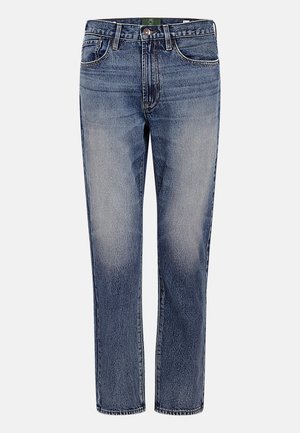Blå denim jeans med lige snit, falmede detaljer, fem lommer og knaplukning. Har et grønt mærke inden i taljebåndet.