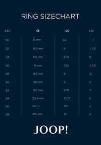 Tabella delle dimensioni dell'anello con taglie UE (50-68), diametro interno in mm, taglie US (5.5-12) e taglie UK (J-X), presentata su uno sfondo blu scuro.