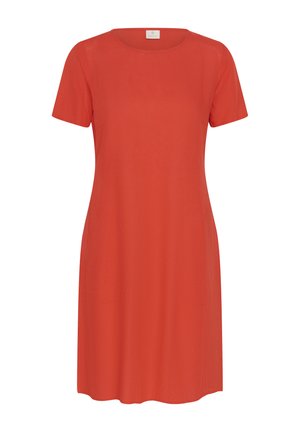 Recht gesneden, knielange jurk met korte mouwen in helder oranje, voorzien van een ronde halslijn en subtiele zijzakken.