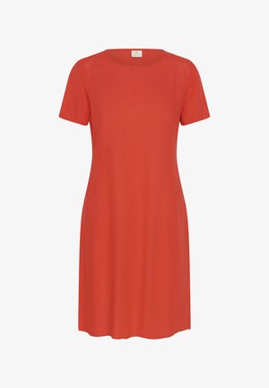 Recht gesneden, knielange jurk met korte mouwen in helder oranje, voorzien van een ronde halslijn en subtiele zijzakken.