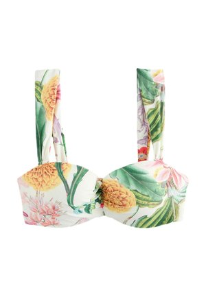 Bikini-top met bloemenprint met gele en roze bloemen, groene bladeren en brede schouderbanden; gemaakt van rekbare stof met een gestructureerde vorm.