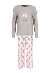 Long-sleeve gray pajama top with cartoon graphic. Pink-patterned pajama pants featuring a cartoon animal design with cucumbers. Soft fabric.