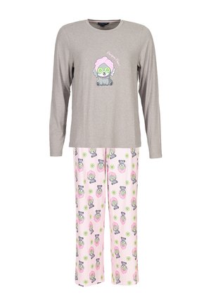 Langärmliges graues Schlafanzugoberteil mit cartoonhaftem Grafikdesign. Schlafanzughose mit pinkfarbigem Muster, die ein cartoonhaftes Tierdesign mit Gurken zeigt. Weiches Material.